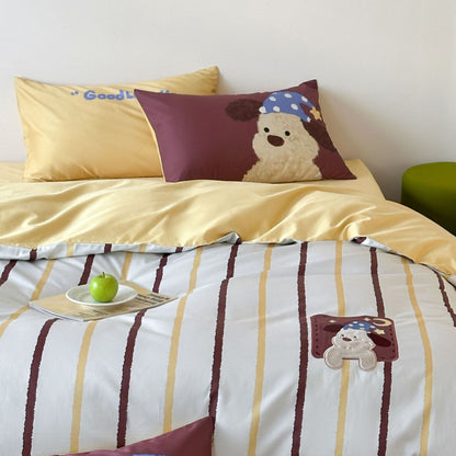 Gestreiftes Baumwollsatin Bettbezug-Set mit gesticktem Teddy-Applikation