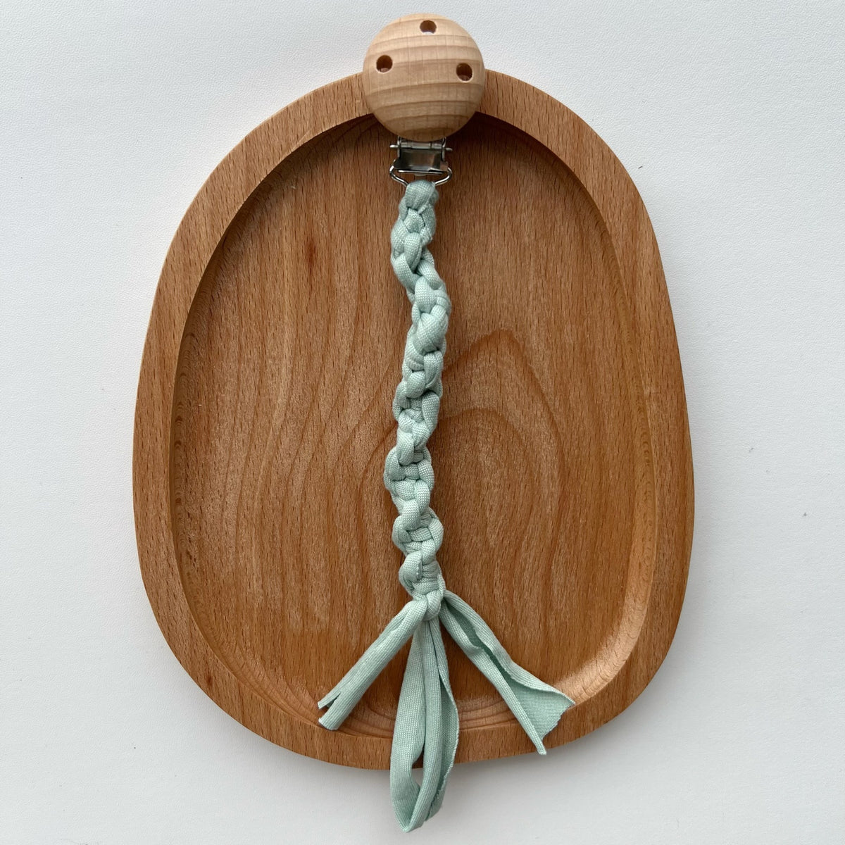 Geflochtene Baumwoll-Schnullerkette mit Holzsicherheitsklemme
