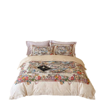 Umkehrbare Baumwollsatin Bettbezugset mit romantischem Aquarelldorf-Blumenmuster und Oxford-Kissenbezügen