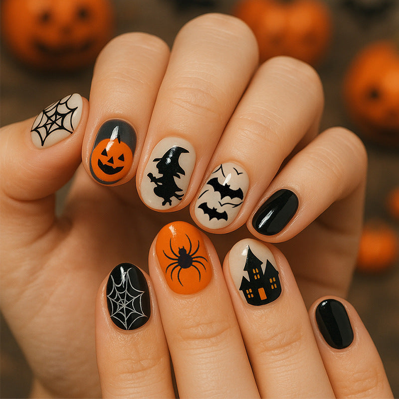 Halloween Kunstnagelset mit kreativen Spinnen- und Kürbismotiven Brehn