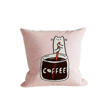 Square Decorative Pillow Cover with Cute Cat Stirring Coffee Illustration Soft Plush Removable Cushion Cover Hidden Zipper