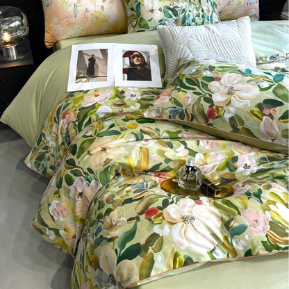 Luxuriöse Baumwollsatin-Bettwäsche-Garnitur mit großfloralem botanischem Print