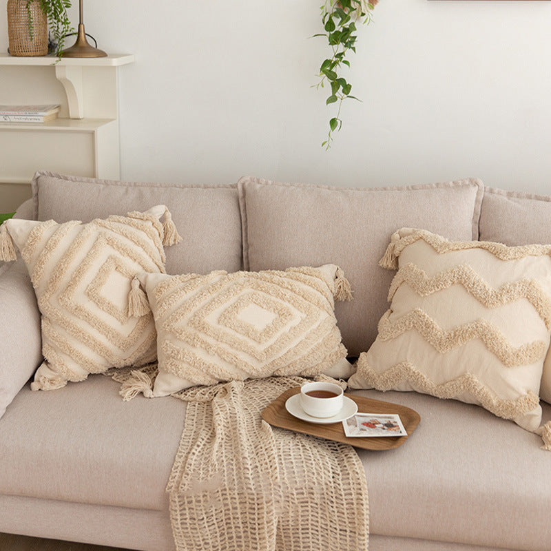 Quadratischer Zierkissenbezug im Boho‑Chic mit 3D‑Diamanttufting, Eckquasten und Baumwoll‑Leinen‑Mix Brehn