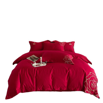 Luxuriöses Bettwäsche-Set aus Baumwollsatin mit Rosenstickerei