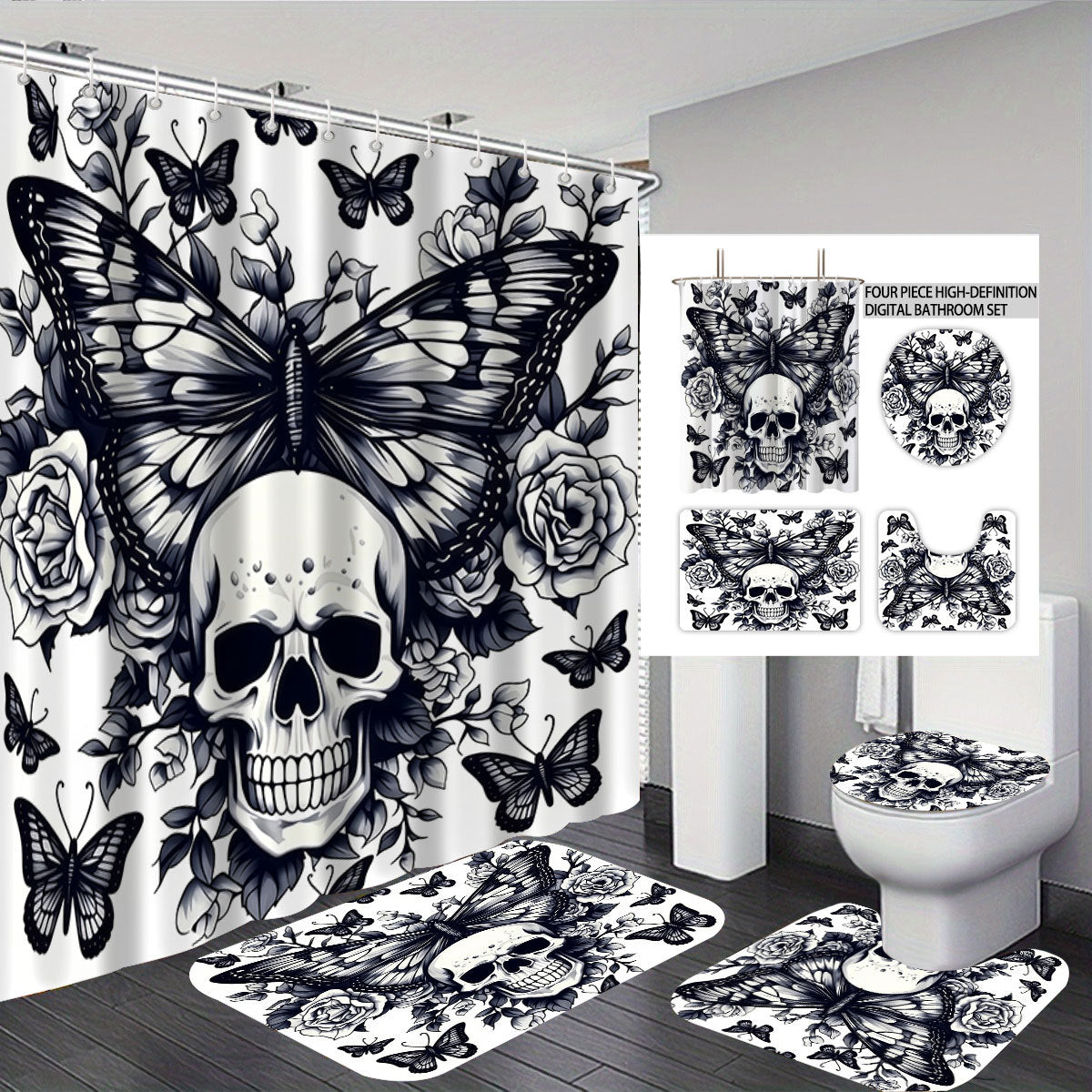 Künstlerisches Skull- und Blumenmotiv Badezimmer-Set Brehn