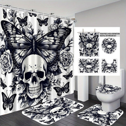 Künstlerisches Skull- und Blumenmotiv Badezimmer-Set Brehn