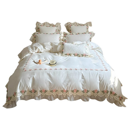 Luxuriöses Besticktes Rüschensatin Baumwoll-Bettbezug-Set