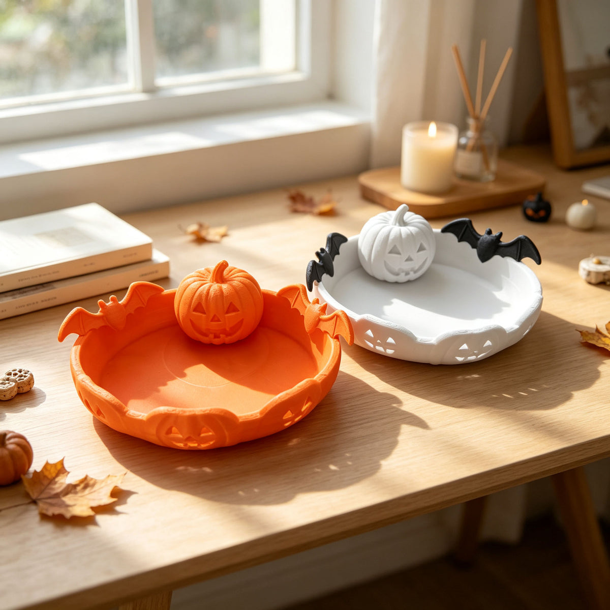 Halloween-Dekoschale mit geschnitztem Kürbis und Fledermaus-Applikation
