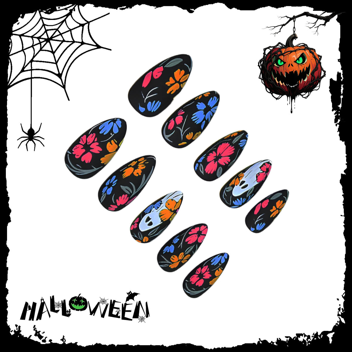 Kunstnagelset mit gruseligem Halloween-Design und bunten Blütenakzenten Brehn