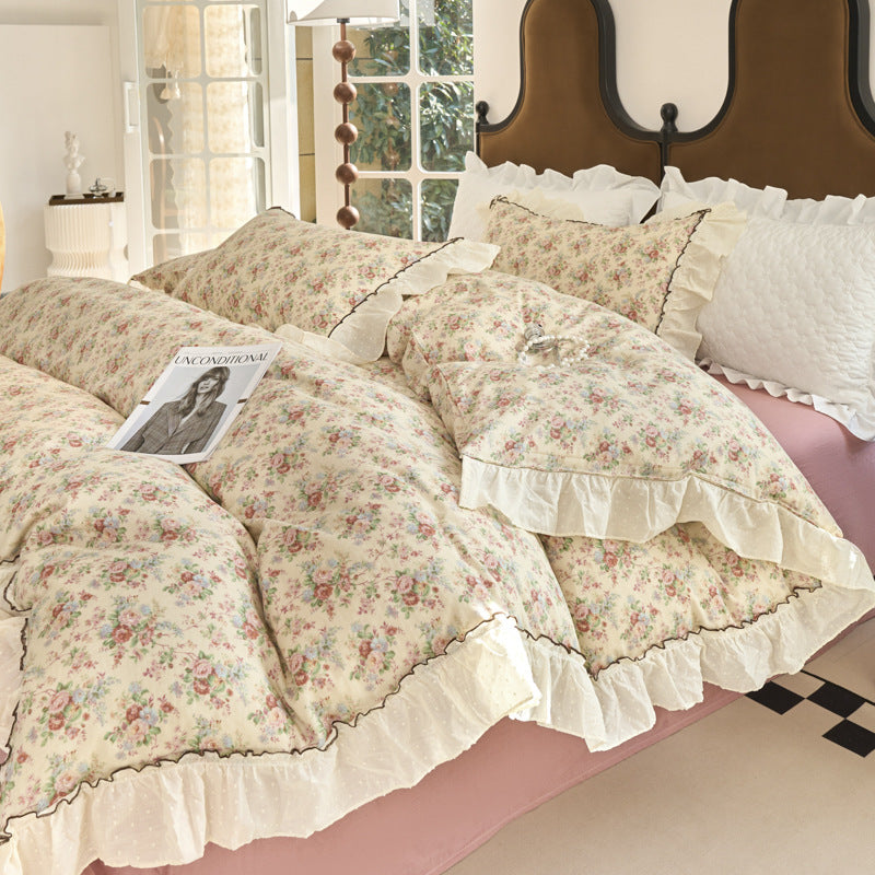 Vintage Floral Ruffled Bettbezug Set mit Swiss-Dot Rüsche