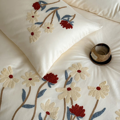 Bestickte botanische Baumwoll-Percale-Bettwäsche mit Applikationsblumen und Umschlagkissenbezügen