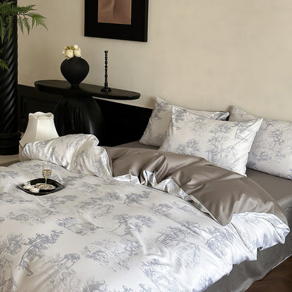 Wendbare Premium-Satin-Bettwäsche-Garnitur mit botanischem Aquarellprint und extraweichem Griff