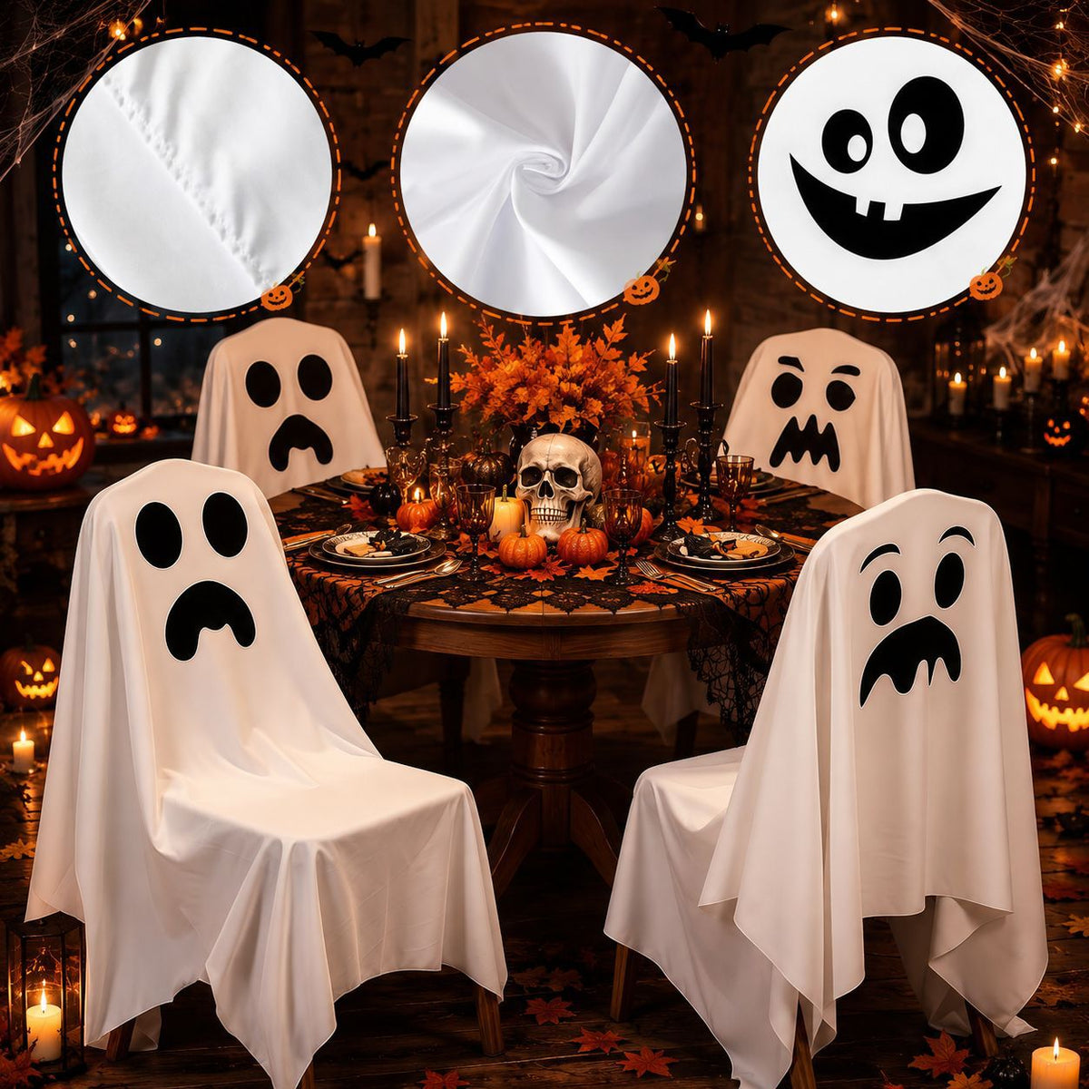 Halloween Stuhlhusse aus Baumwolle mit gespenstischem Gesicht und gezacktem Saum