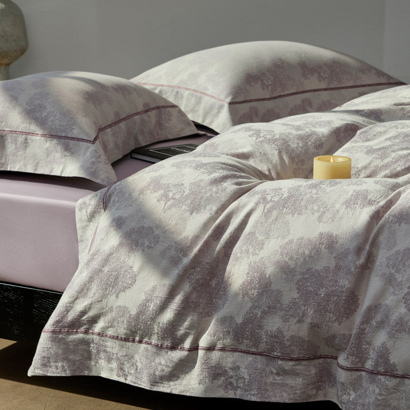 Botanisches Jacquard Baumwollsatin Bettwäsche Set mit Kontrastpaspel