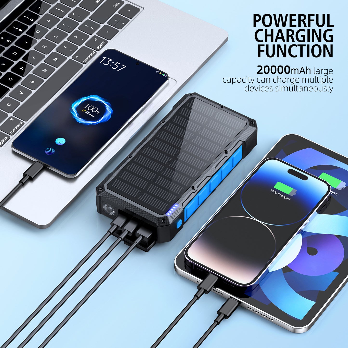 Solar Powerbank mit Schnellladefunktion und Integrierter Taschenlampe Brehn