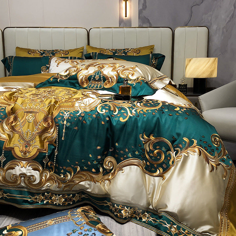 Seidenblumenbestickte Satin-Bettbezug-Bettwäsche mit gewelltem Saum und Kissenbezügen