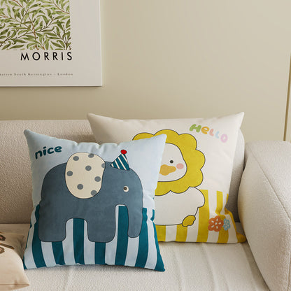 Square Decorative Throw Pillow Cover with Cute Cartoon Cat Illustration and Vertical Pink Stripe Linen-Blend
