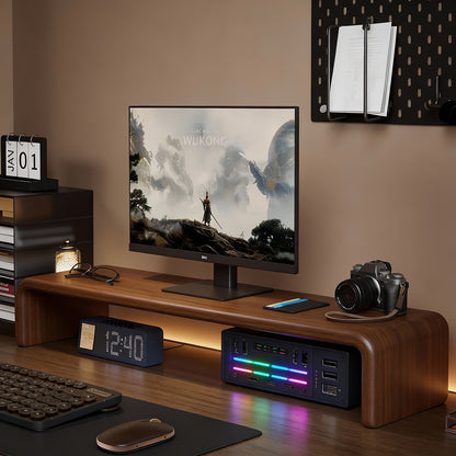 Niedrigprofilierte gebogene Desktop-Monitor-Plattform mit integriertem Unterregal-Organizer und ambienter Hintergrundbeleuchtung