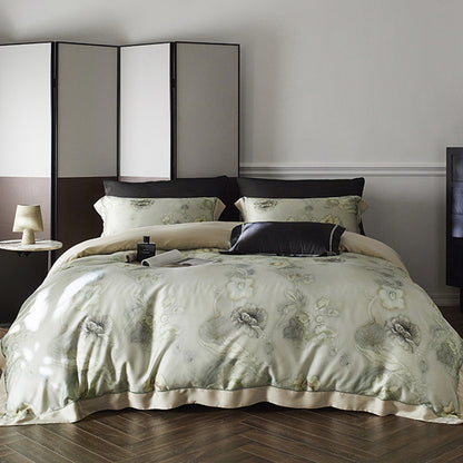Premium-Baumwollsatin-Duvetbezug-Set mit Aquarellblumenmuster und seidig-mattem Griff