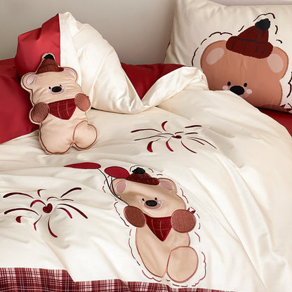 Kinder-Bettwäsche-Set aus Baumwollsatin mit süßem Bärenprint, Wendefunktion & gesteppter Kissenblende