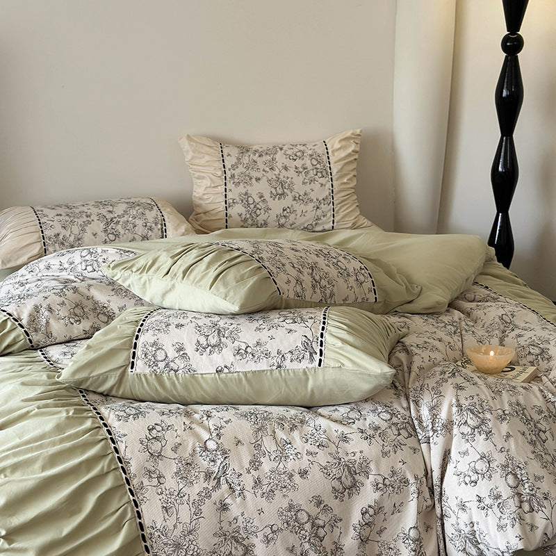 Floral Baumwolle-Leinen Wendebettbezug Set mit Rüsche, Kontrastpaspel und dekorativen Schleifen-Kissenbezügen