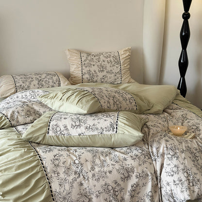 Floral Baumwolle-Leinen Wendebettbezug Set mit Rüsche, Kontrastpaspel und dekorativen Schleifen-Kissenbezügen