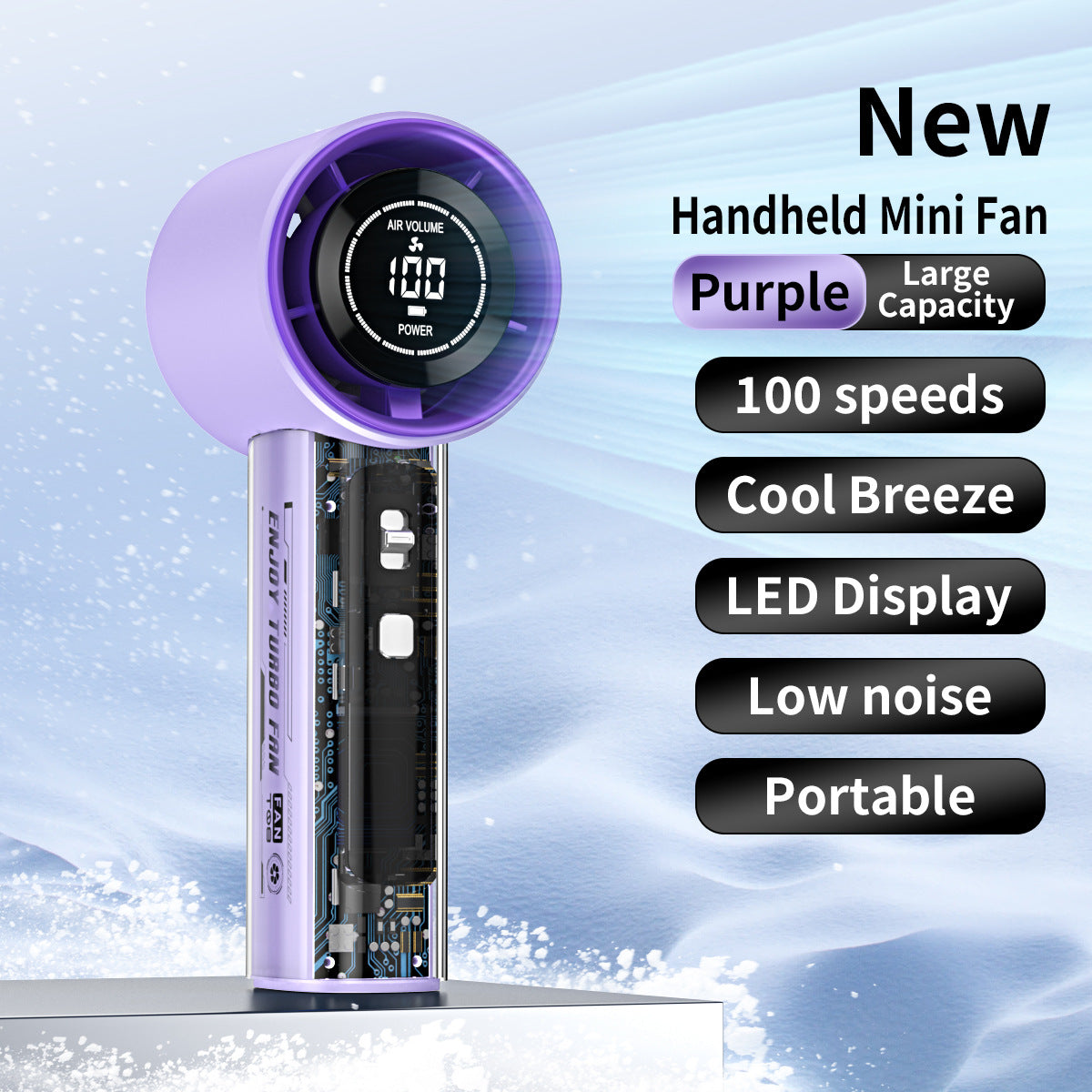 Unisex nan kompakter Mini-Handventilator mit LED-Anzeige, stufenloser Geschwindigkeitsregelung und geräuscharmem Motor Brehn
