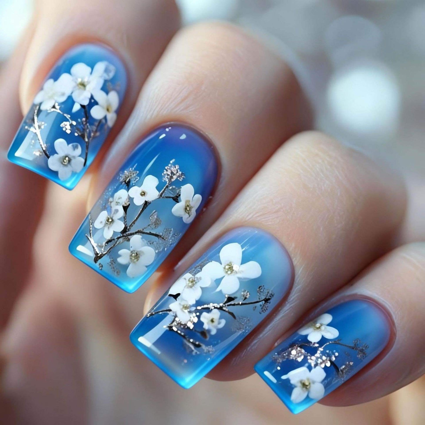 Kunstnagelset mit floralen Designs und Glitzerakzenten Brehn