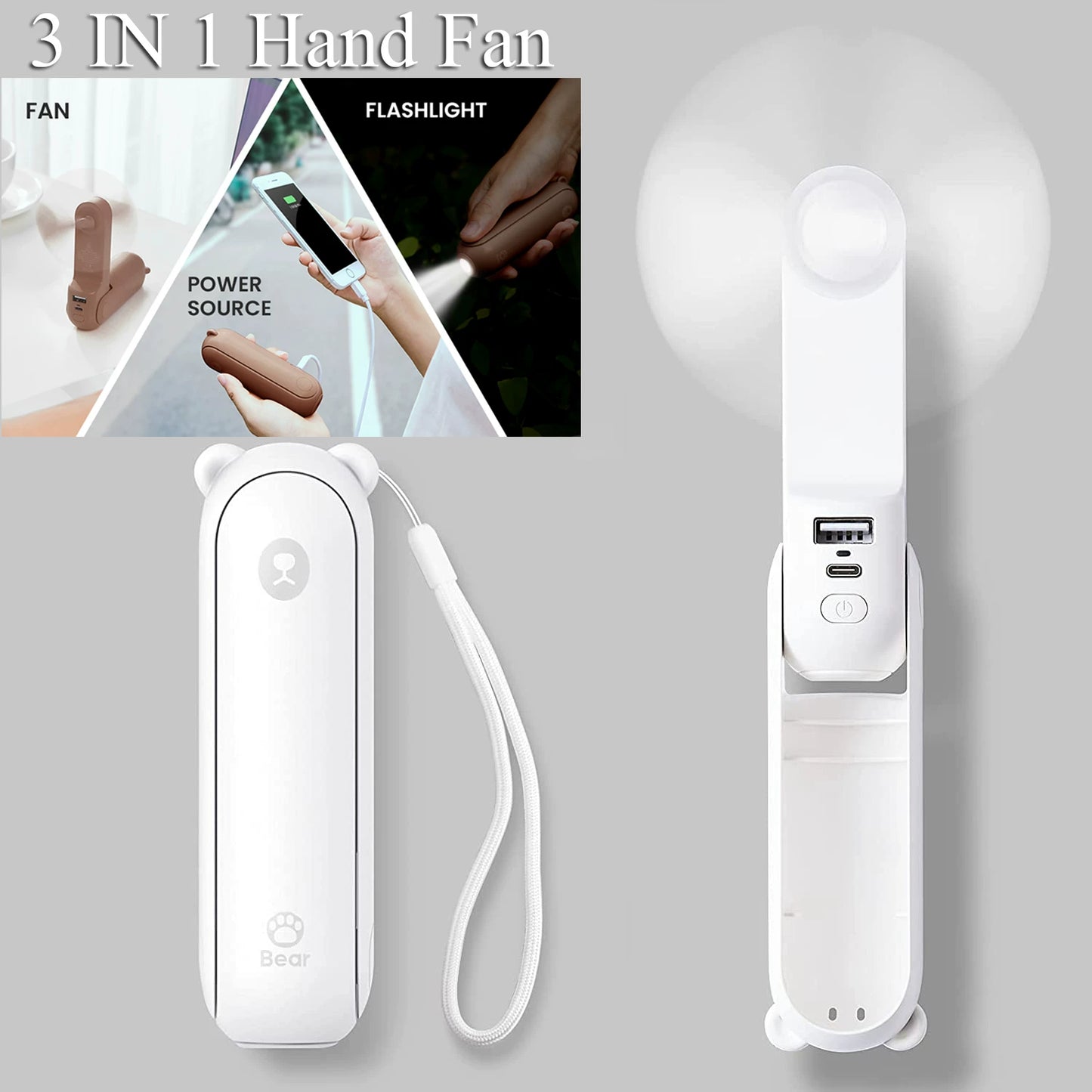 Unisex Einheitsgröße faltbarer aufladbarer Handventilator mit integriertem Powerbank und dualen USB-Ladeports Brehn