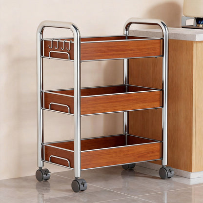 Drei-Tier Roll-Mesh-Küchenaufbewahrungswagen mit seitlichem Utensilienhalter und feststellbaren Rollen