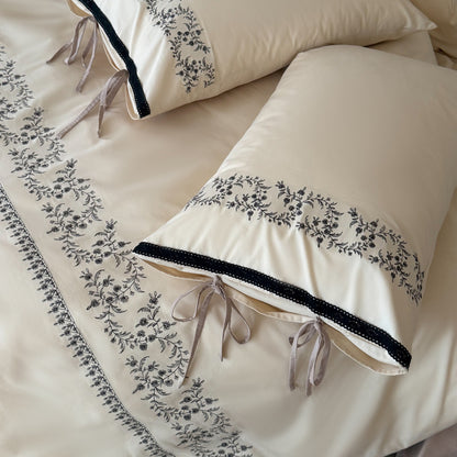 Bestickte Baumwollsatin Bettbezug Set mit Schlaufen-Kissenbezug und dekorativem Bolster