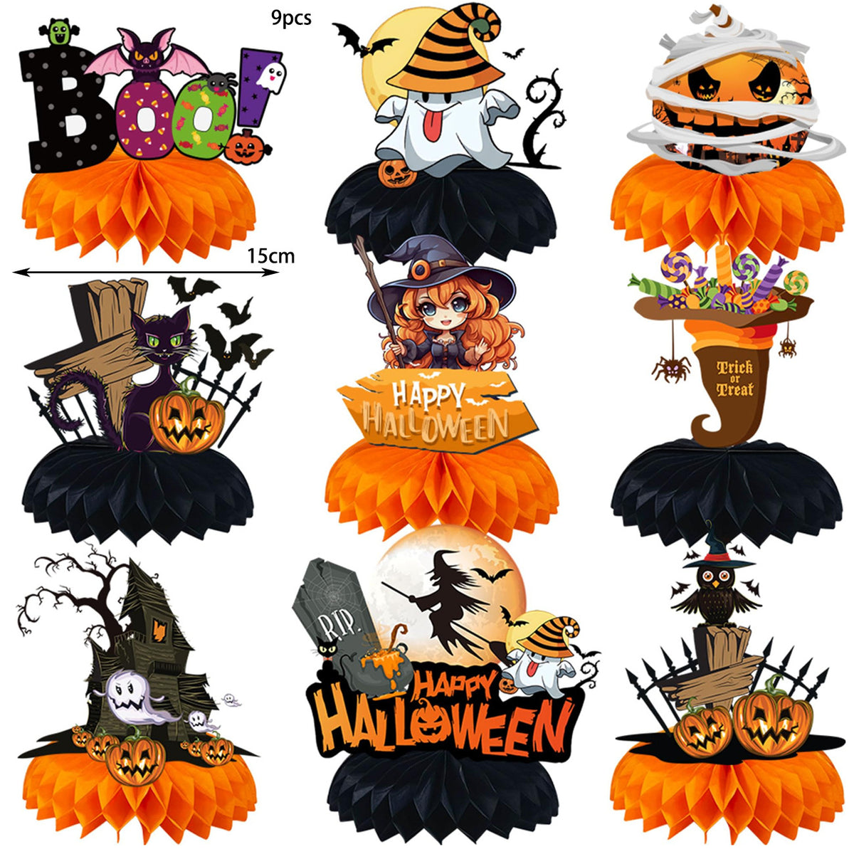 Papier-Halloween Tischdekoration mit dreidimensionalen Wabenmittelstücken