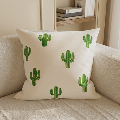 Decorative Square Cotton-Linen Throw Pillow Cover with Cactus Motif and Hidden Zipper