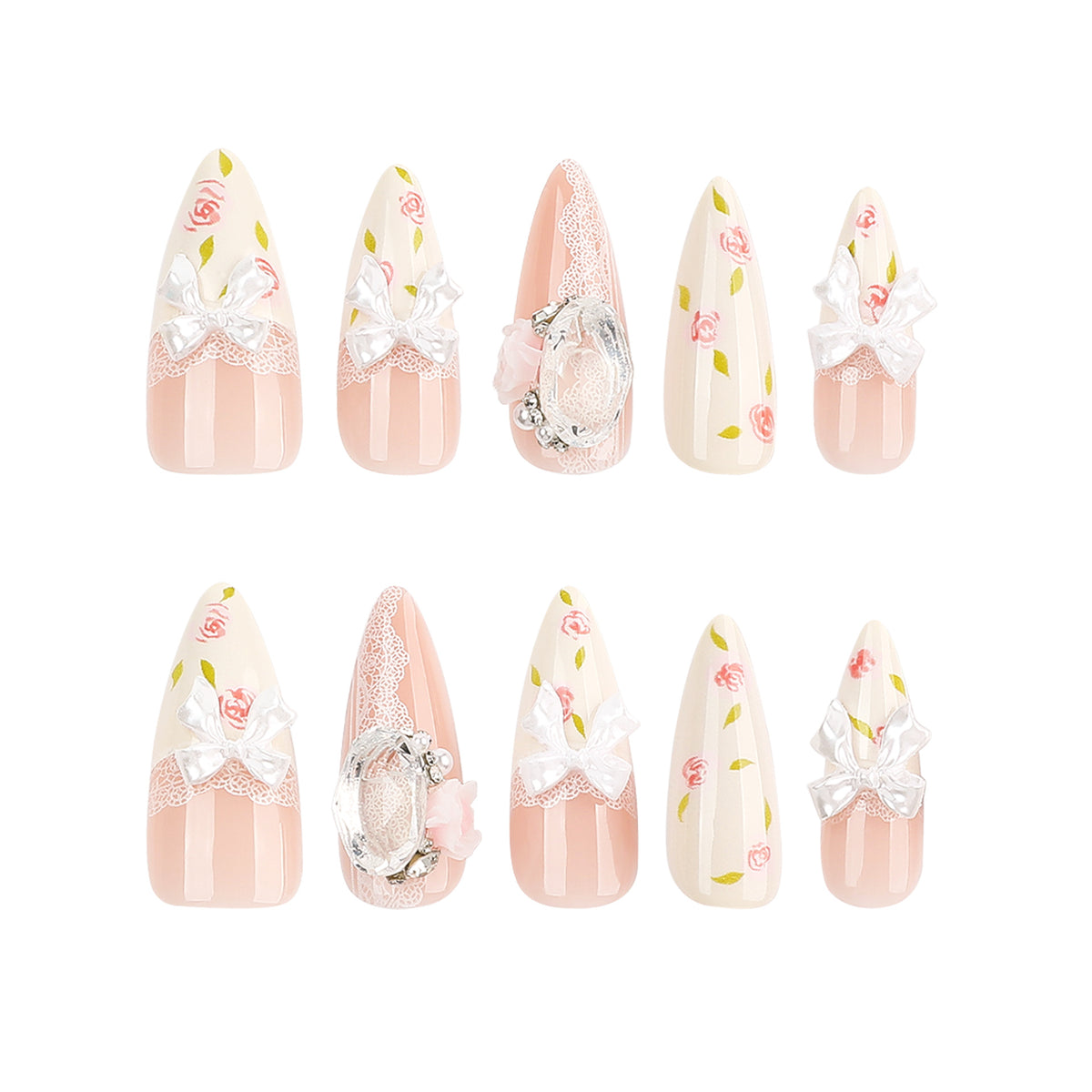 Kunstvolle Stiletto-Nägel mit floralen Akzenten und Glitzerakzenten Brehn
