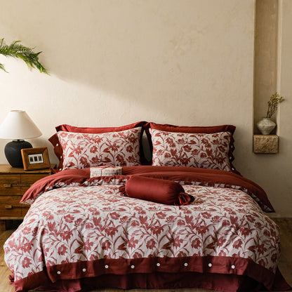 Gewebte Bettwäschegarnitur aus Baumwoll‑Leinen‑Mix mit dekorativem Blumenjacquard und feiner Kissenblende