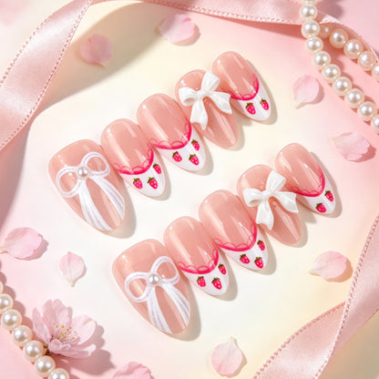 Dekorativer Bow- und Erdbeer-Themen Press-On Nagelkunst Set Brehn