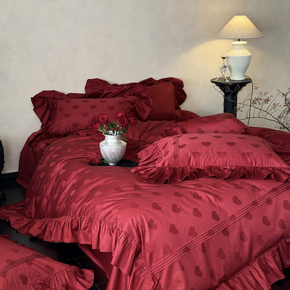 Luxuriöse Satin-Bettwäschegarnitur mit Herz-Jacquard, Volant-Rüschen und Hotelverschluss Brehn