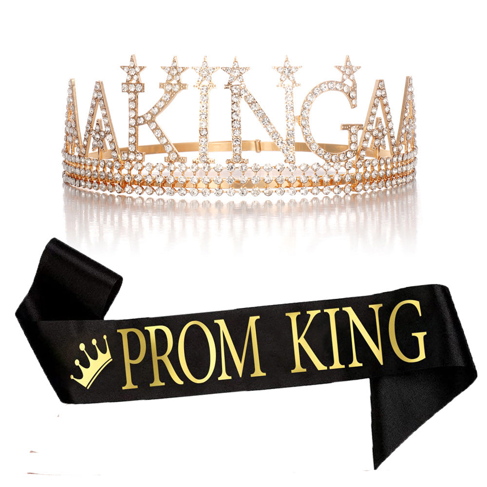 Damen Glitzernde Geburtstagskrone mit einem regalem "Birthday King"-Schärpen-Set Brehn