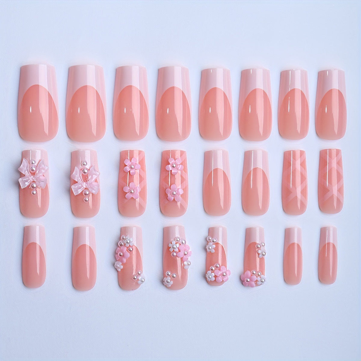 Kunstnagelset mit eleganten 3D-Blüten und Schleifenverzierungen Brehn