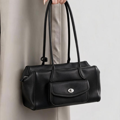 Strukturierte Barrel-Tote mit Front-Drehverschluss-Tasche und doppelten Schulterriemen