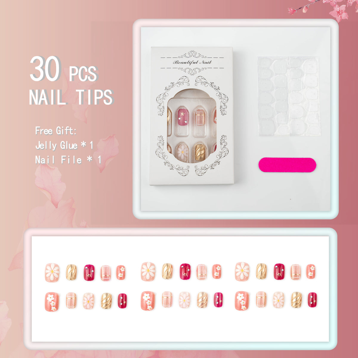 Elegantes, blumenmotiviertes Press-On-Nagelset