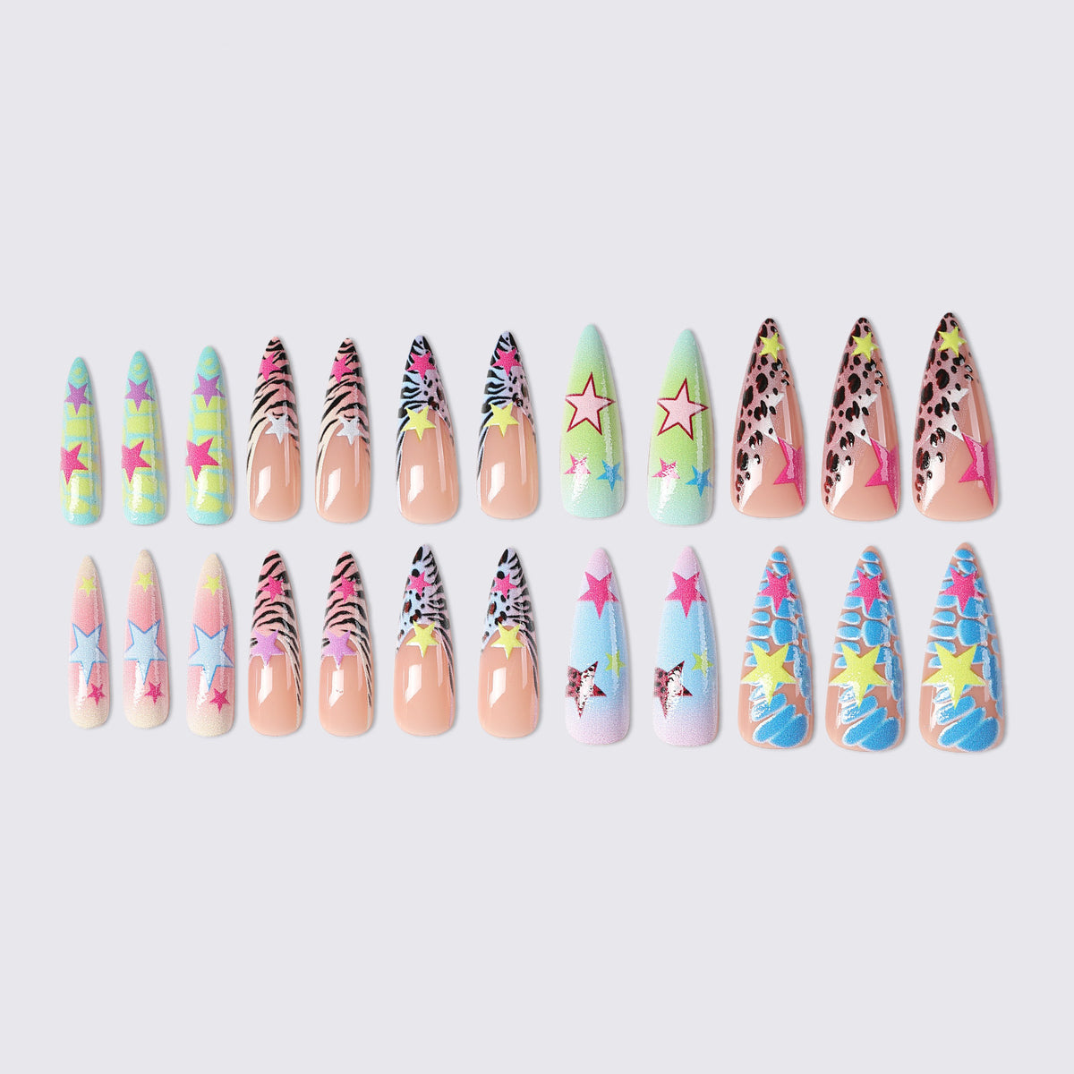 Kreatives Nagelset mit bunten Sternen und Tiermustern Brehn