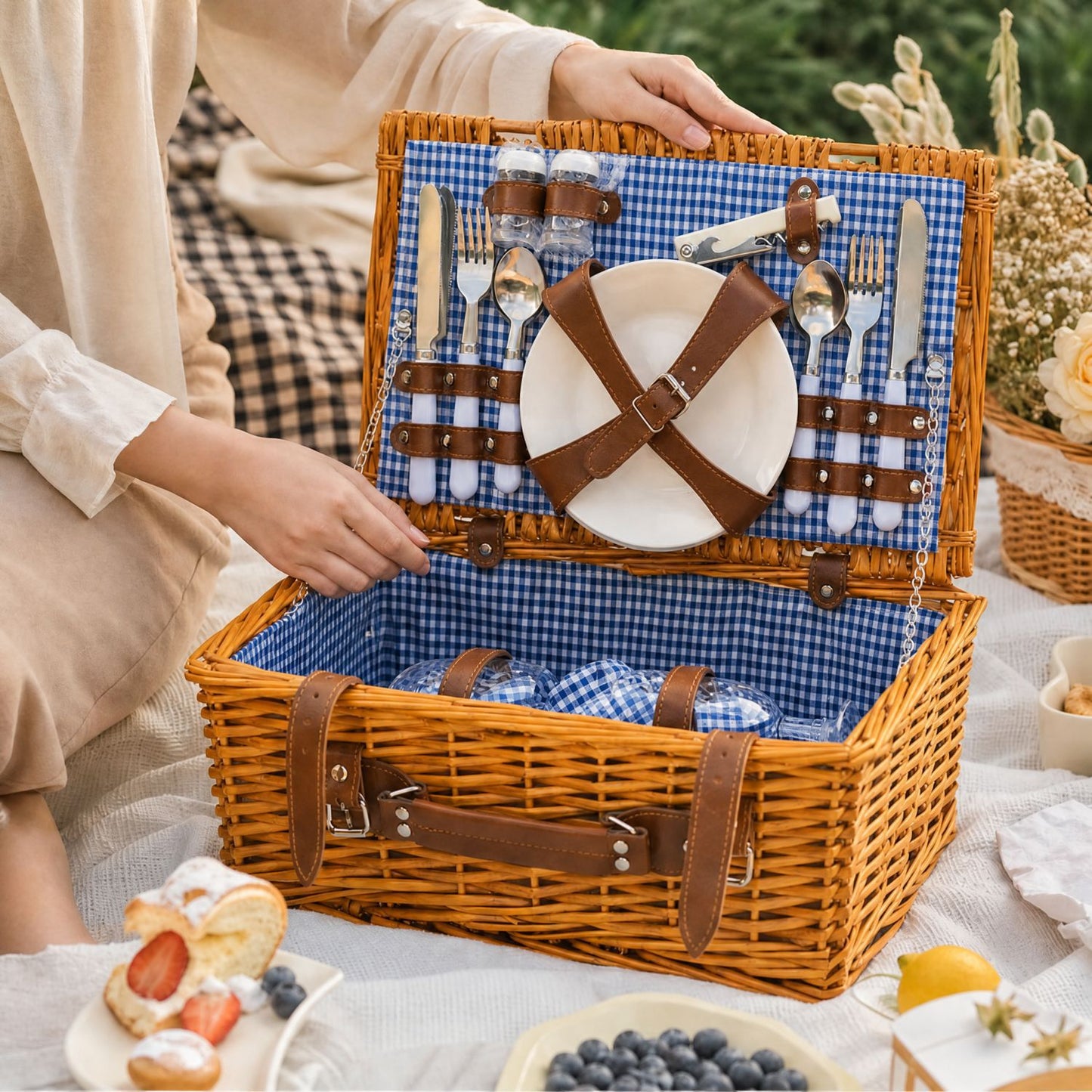 Damen Luxus Picknickkorb mit versetztem Geschirrfach und floralem Innenfutter Brehn