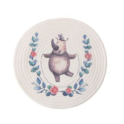 Rundes Tischset aus gewebter Baumwolle mit niedlicher Nashorn-Illustration und floralem Kranz Brehn