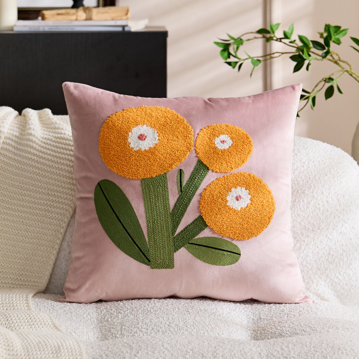 Quadratisches Samt-Applikations-Tufted Floral Akzent-Wurfkissen