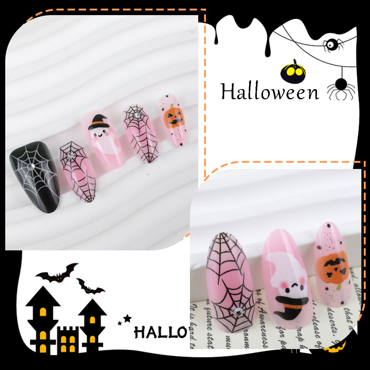 Halloween Kunstnagelset mit kreativen Geister- und Spinnenmotiven Brehn