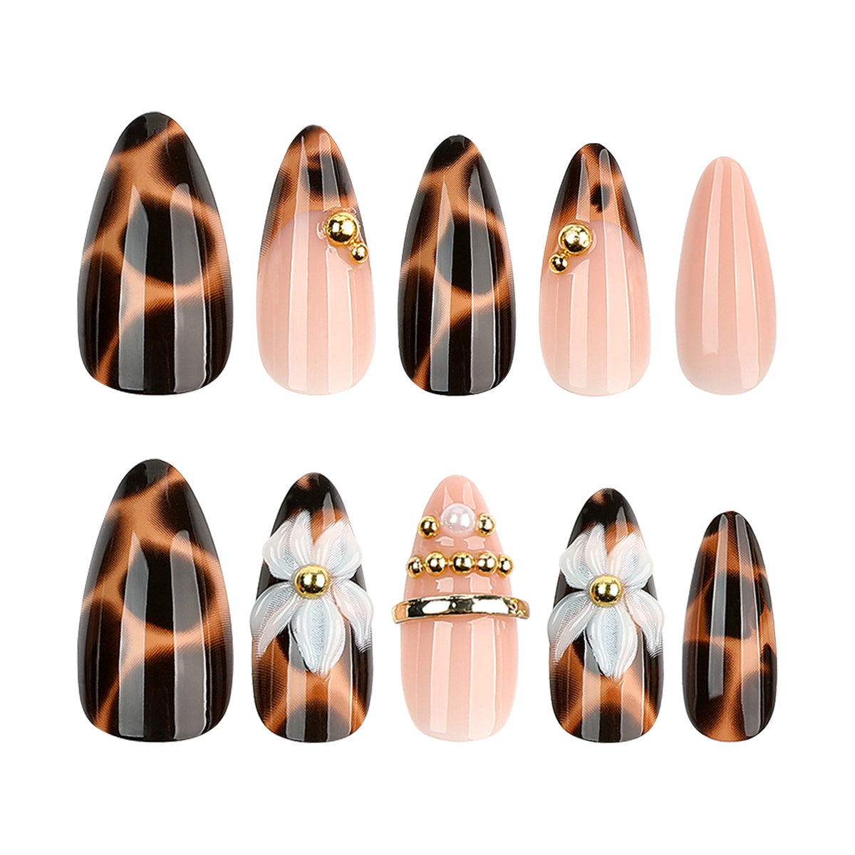Kunstvolle Stiletto-Nägel mit Blumen- und Leopardendesign Brehn