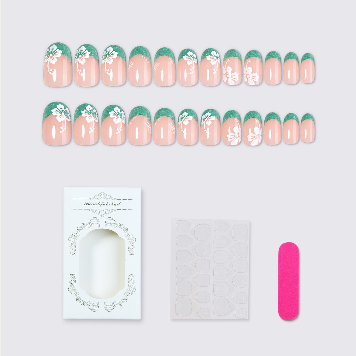 Kunstnagelset mit floralen Mustern und glitzernden Akzenten Brehn