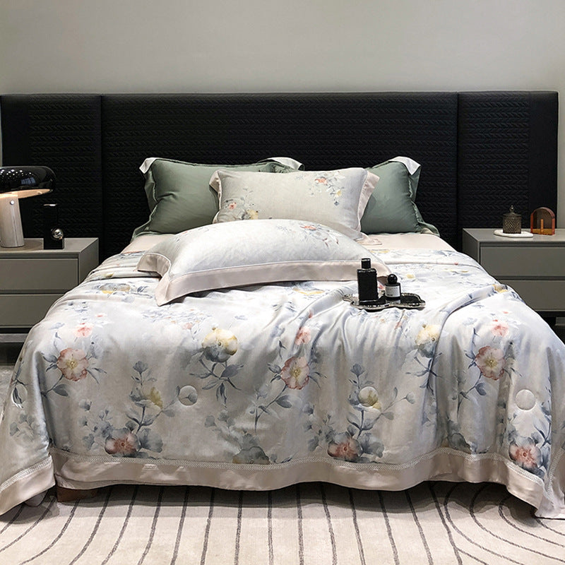 Luxuriöses Baumwollsatin-Bettwäsche-Set mit floralem Aquarellprint und feiner Satinkante