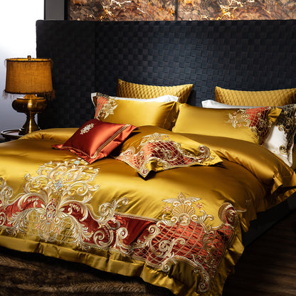 Luxuriöses besticktes Satin Bettbezug-Set mit dekorativen Kissenbezügen